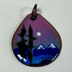 Artisan Signed Vintage Enameled Copper Pendant Mountain Forest Landscape Scene